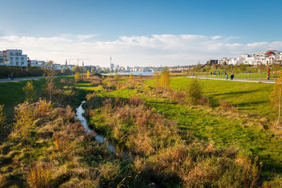 Panorama of phoenixsee in the german city of dortmund on a sunny afternoon in autumn