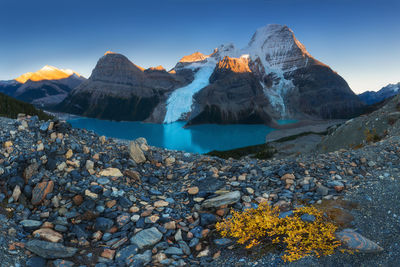 Scenic view of lake and mountains against sky