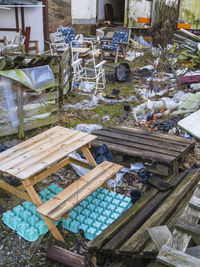 High angle view of firewood in crate