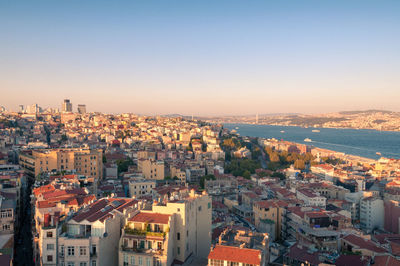 High angle view of townscape against sky during sunset