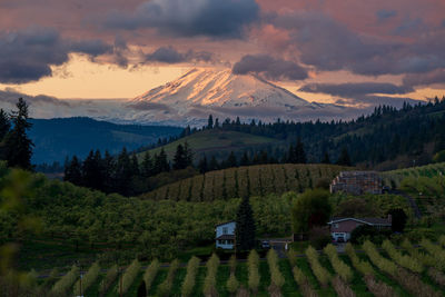 Scenic view of mountains against sky during sunset