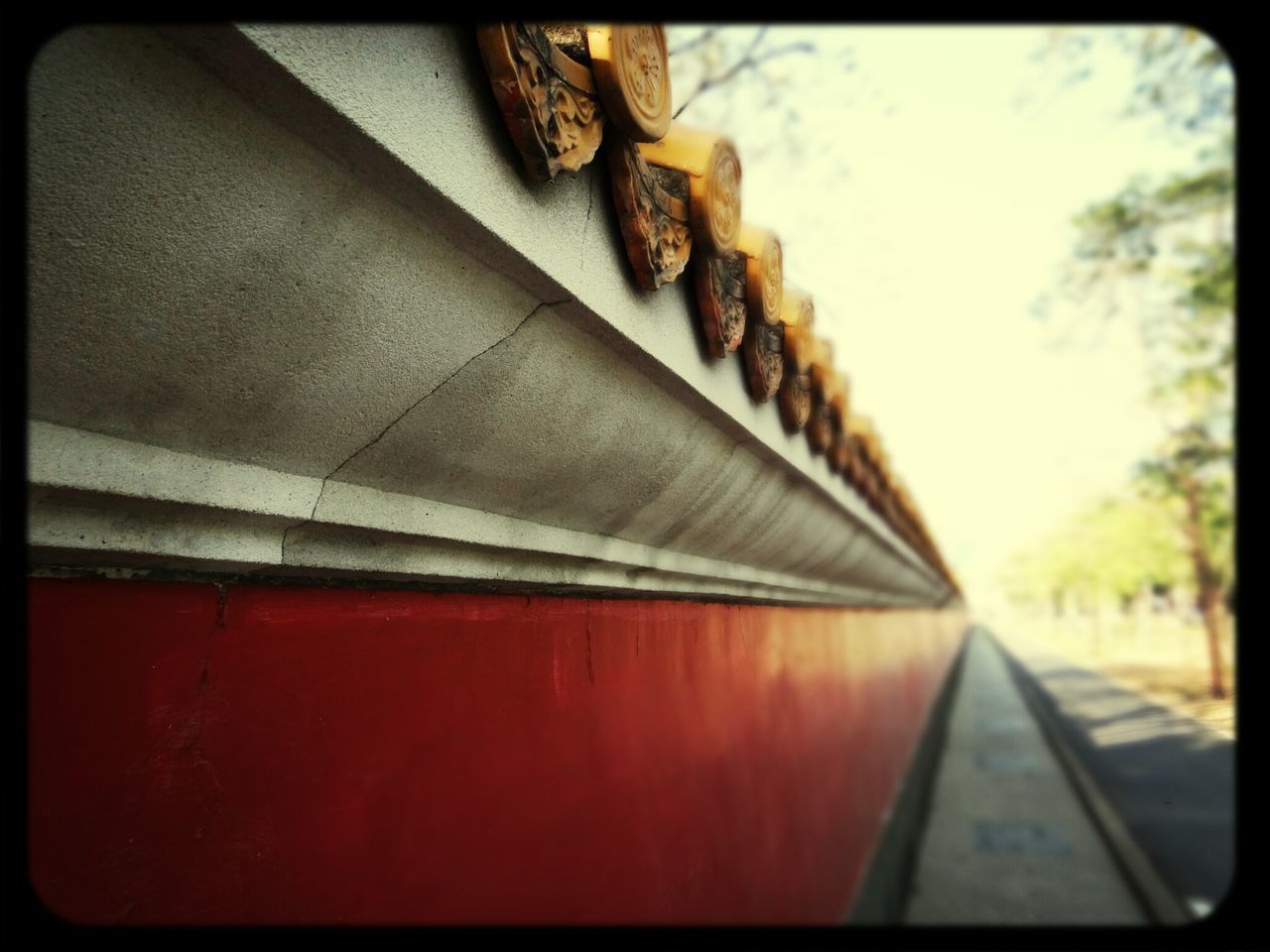 transfer print, auto post production filter, architecture, built structure, low angle view, building exterior, day, no people, sky, railing, steps, outdoors, close-up, cropped, roof, part of, sunlight, wood - material, tree