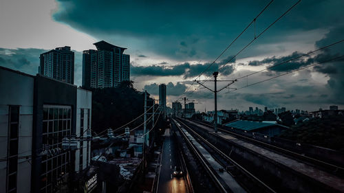 Railroad tracks amidst buildings in city against sky