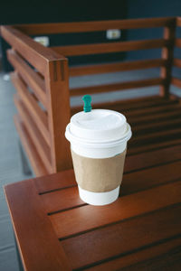 High angle view of coffee cup on table