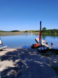 Scenic view of lake against clear blue sky