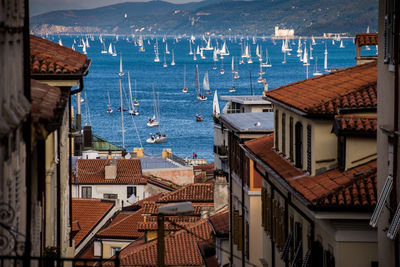 High angle view of townscape by sea