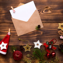 High angle view of christmas decorations on table