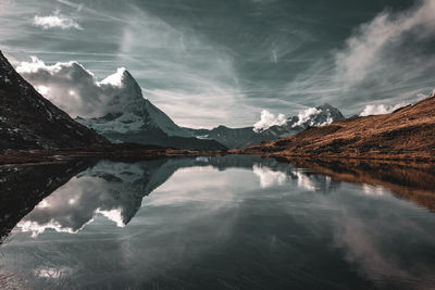 Scenic view of lake by mountains against sky