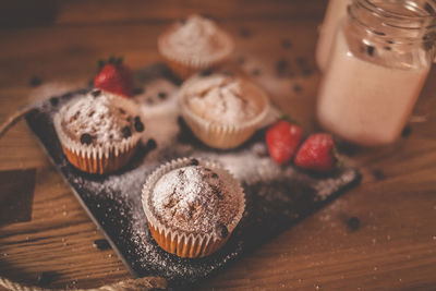 High angle view of dessert on table