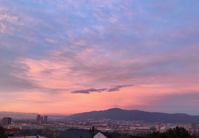 Buildings in city against sky at sunset