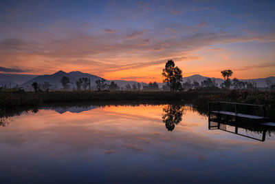 Scenic view of lake against sky during sunset