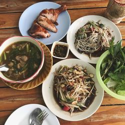 High angle view of soup in bowl on table