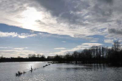 Scenic view of lake against cloudy sky