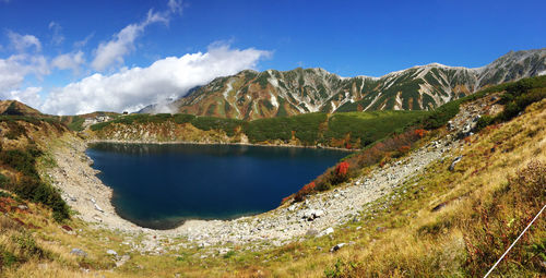 Panoramic view of lake and mountains against sky