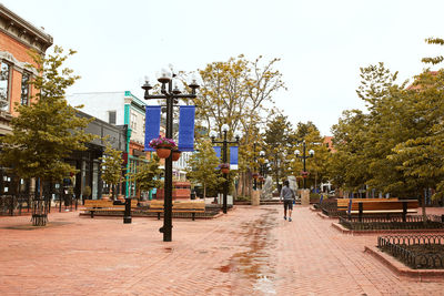 Street amidst trees and buildings against sky