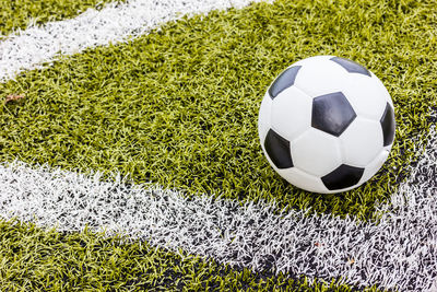 High angle view of soccer ball on field