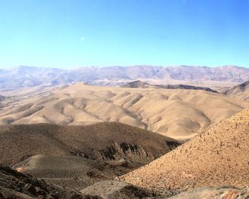 Scenic view of arid landscape against clear blue sky