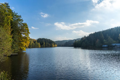 Scenic view of lake in forest against sky