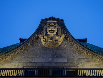 Low angle view of temple building against clear blue sky