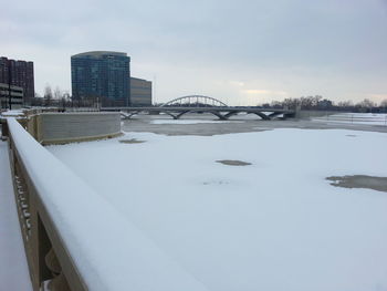 Bridge over river amidst buildings in city against sky