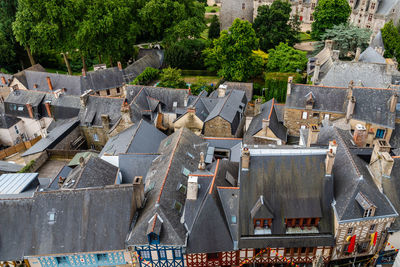 High angle view of cemetery by building