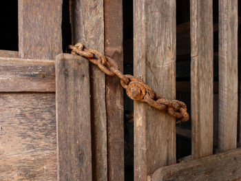 Close-up of rope tied on wooden fence