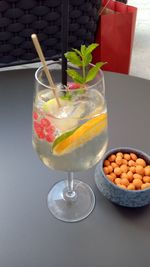 Close-up of fruits in glass on table