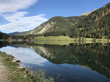 Scenic view of lake and mountains against sky