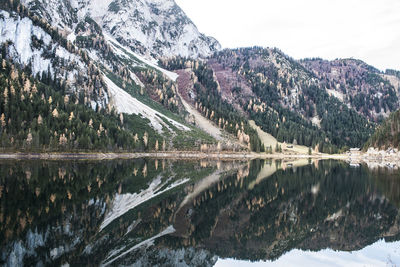 Scenic view of lake reflecting on snowcapped mountains against sky