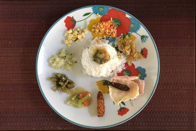 High angle view of breakfast served on table