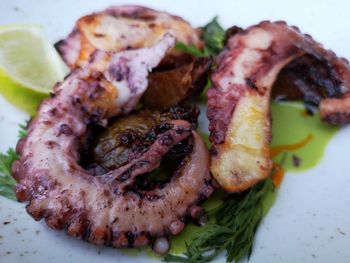 High angle view of meat in plate