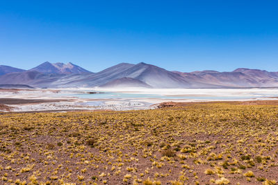 Scenic view of land against clear blue sky