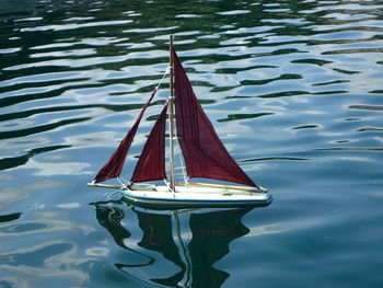 High angle view of sailboat in lake