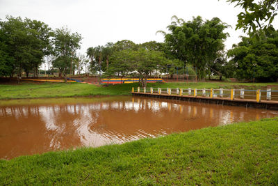 Scenic view of lake in park against sky