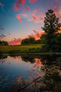 Scenic view of lake against sky at sunset