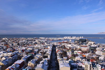 High angle view of city at seaside