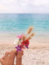 Midsection of person holding flowering plant against sea