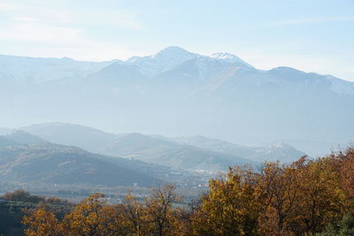 Scenic view of mountains against sky during autumn