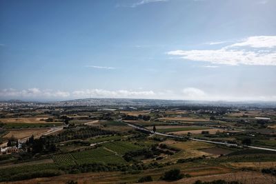 High angle view of field against sky