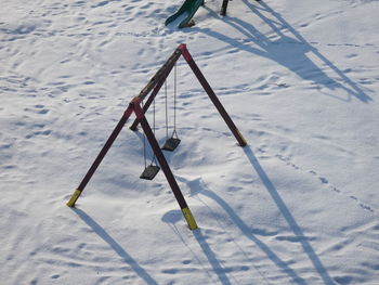 High angle view of snow on field