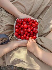 High angle view of woman holding strawberries