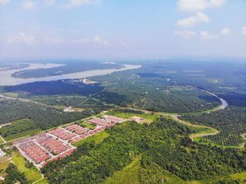 High angle view of land against sky