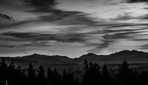 Scenic view of silhouette mountains against sky at dusk