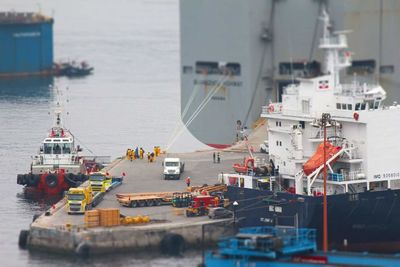 High angle view of ship moored at harbor