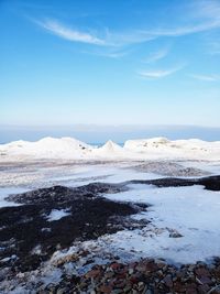 Scenic view of snow covered land against sky