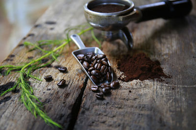 High angle view of coffee beans on table