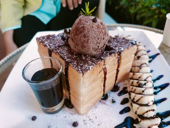 High angle view of cake in plate on table