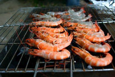 Close-up of shrimp on barbecue grill