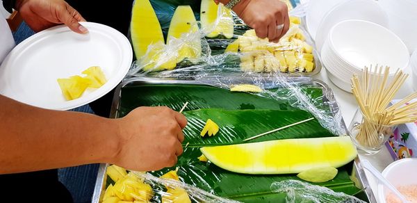 High angle view of people preparing food