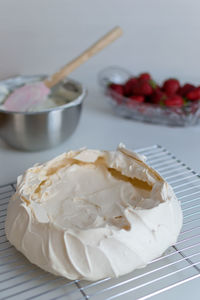 Homemade cake pavlova with strawberries on top - sweet food